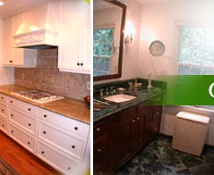Small, partial photos of white kitchen and bathroom with brown vanity