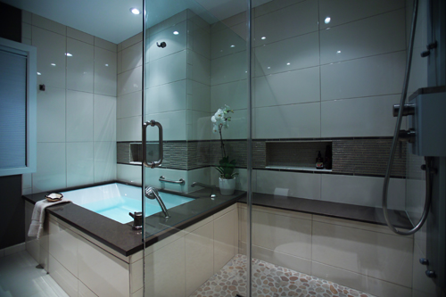 Bathroom - large tub, black granite, and walk-in shower - view 1